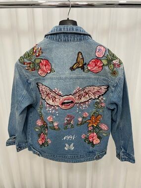 Embroidered Light Blue Denim Jacket with Floral & Wing Appliqués